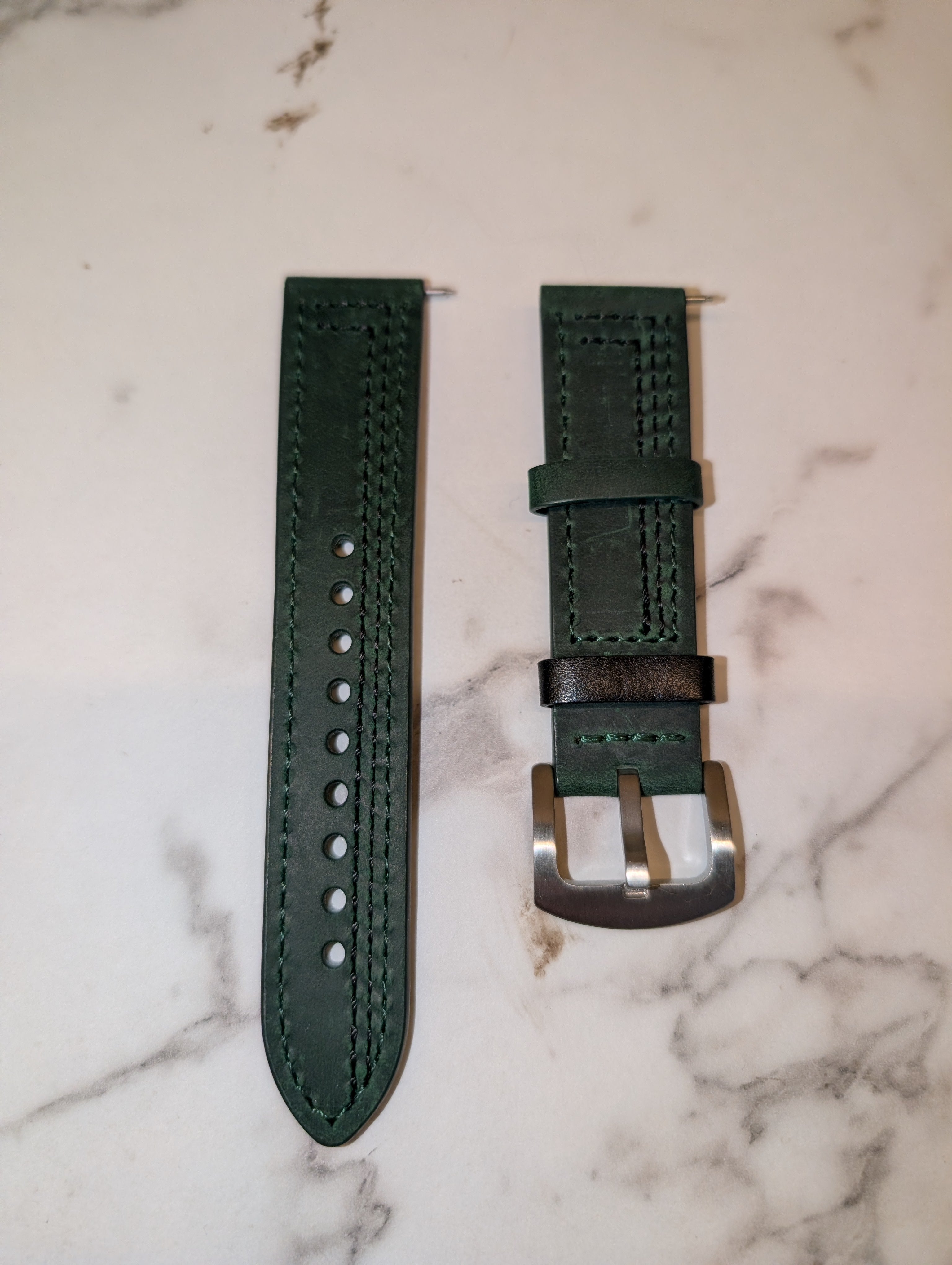 22mm Green Leather strap with double green stitching