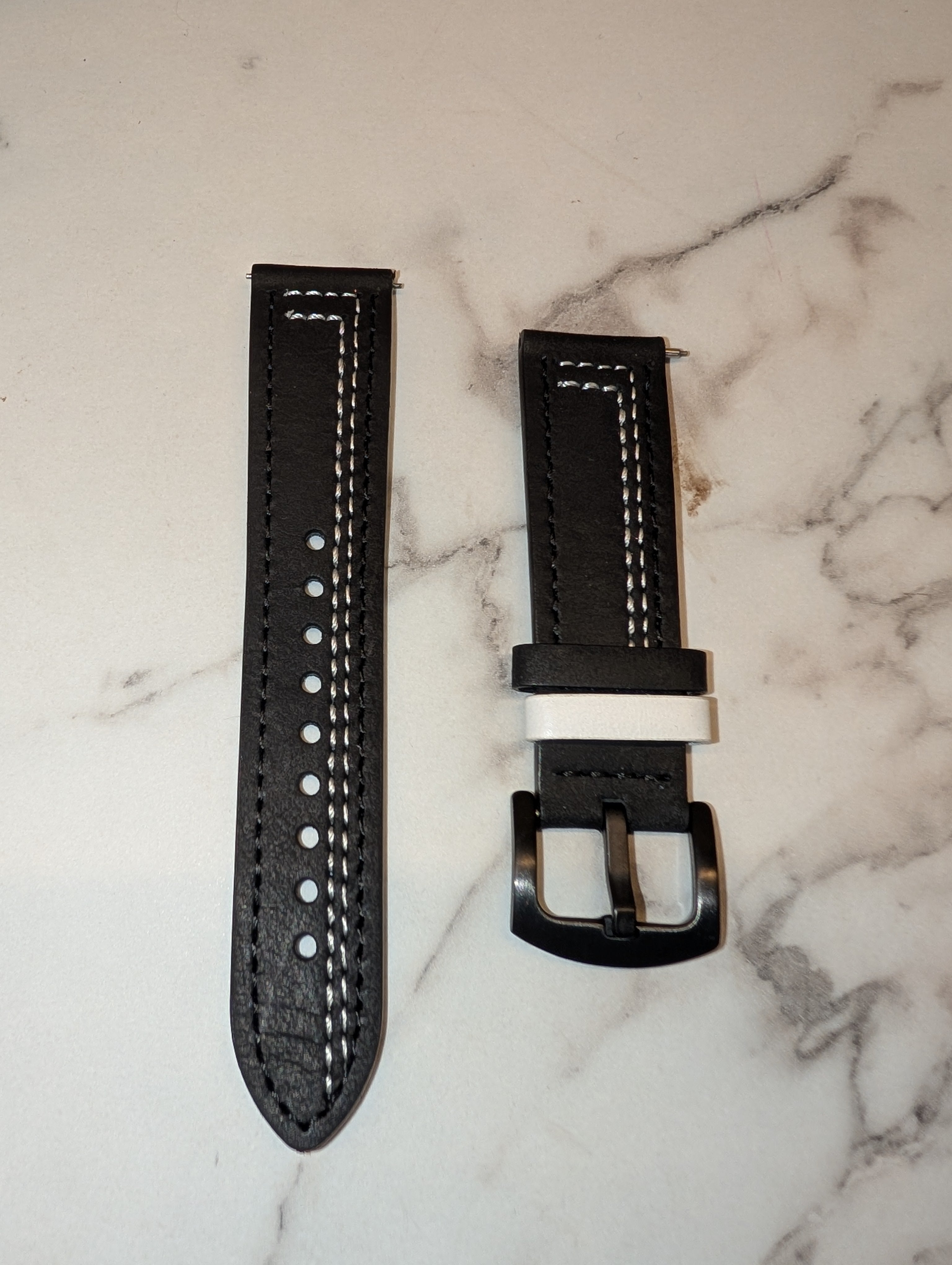 20mm Black Leather with Double White Stitching