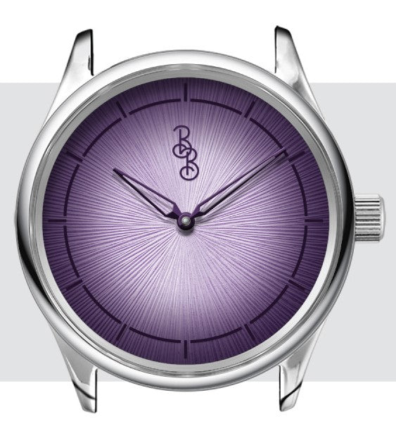 Wristwatch with a purple face and silver case on a white background
